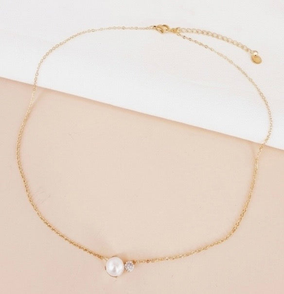 Collier Perles et Strass Doré — Acier Inoxydable