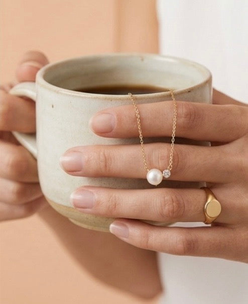 Collier Perles et Strass Doré — Acier Inoxydable